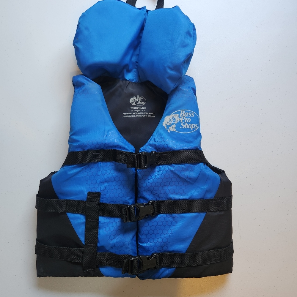Bass Pro Shops Gray Blue Kids Life Jacket PFD Youth 60-90 lbs 27-41kg